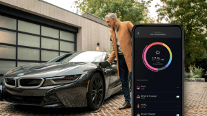 Man charging a sleek BMW i8 in a modern driveway, with a smartphone displaying the Savant Power app showing real-time power consumption by various devices.