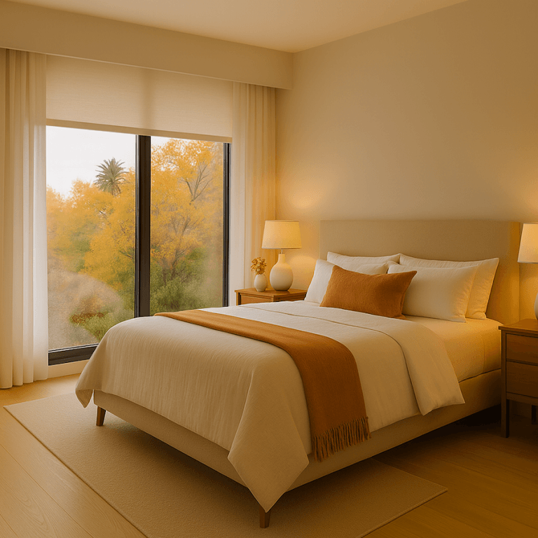 A modern bedroom with a large bed and motorized shades.