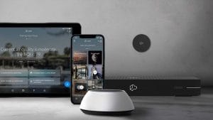 Multiple Josh.ai control devices, including a touchscreen, phone app, and Josh Core.