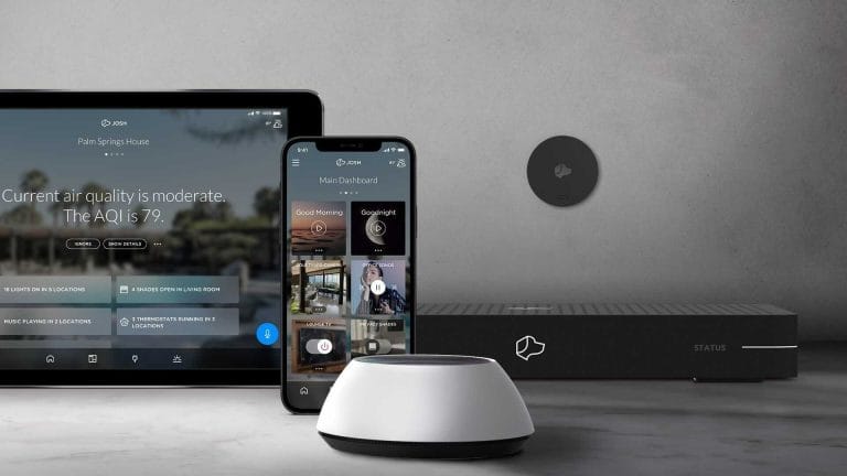 Multiple Josh.ai control devices, including a touchscreen, phone app, and Josh Core.