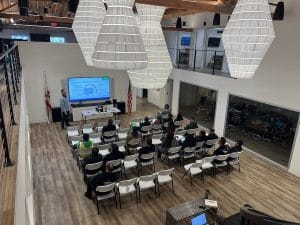 Above shot of a lecture room with rows of chairs.