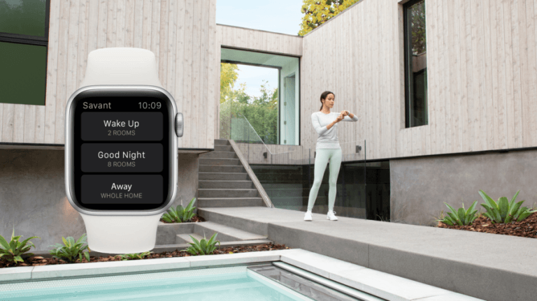 Woman exercising in a modern courtyard beside a pool, with a smartwatch interface displayed showing home automation scenes like “Wake Up,” “Good Night,” and “Away,” highlighting wearable control of a smart home.