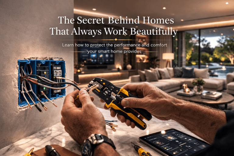 Close-up of hands using a wire stripper to connect electrical wiring inside a wall junction box, illustrating professional electrical service and system maintenance.
