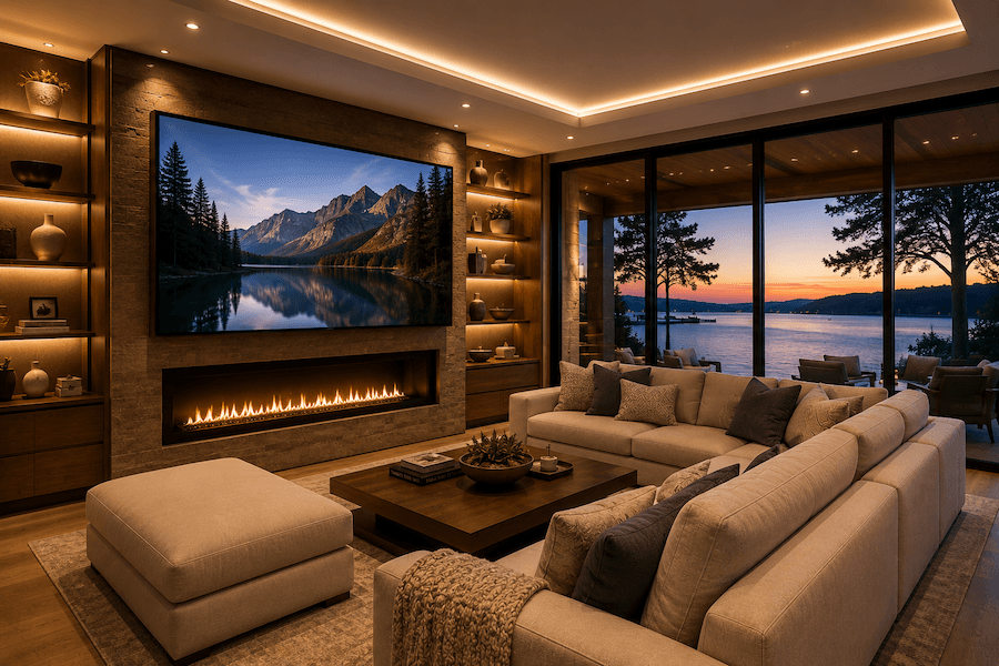  A large sectional in front of a wall-mounted TV screen. 