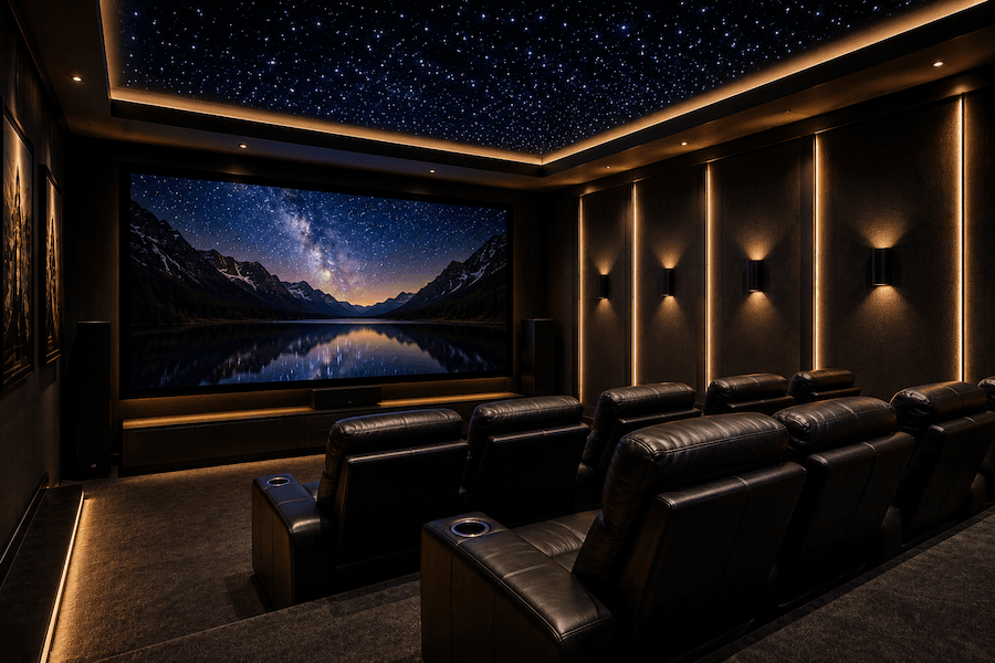 A home theater with classic seating facing a projection screen depicting a night sky. 