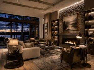 Luxury modern living room at dusk featuring layered architectural lighting, warm ambient illumination, accent lighting, a stone fireplace, comfortable seating, and expansive views.