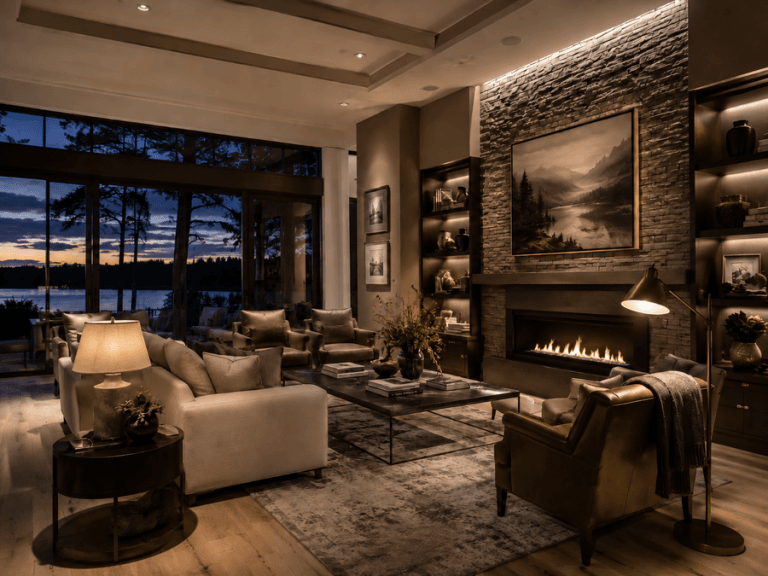Luxury modern living room at dusk featuring layered architectural lighting, warm ambient illumination, accent lighting, a stone fireplace, comfortable seating, and expansive views.