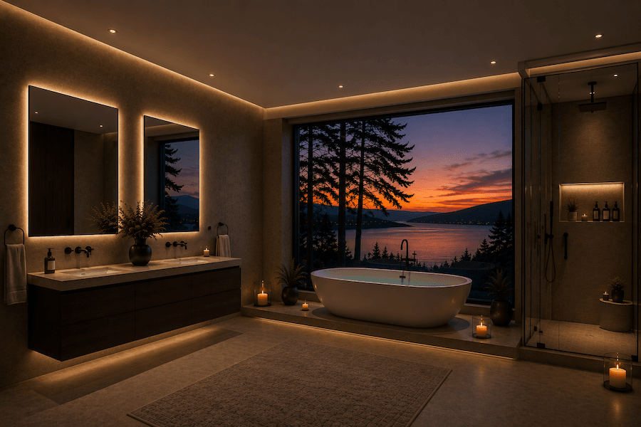 Luxury bathroom with a bathtub in front of a projection screen showing a sunset. 