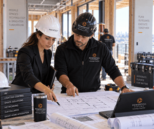 Architect and technology integrator reviewing home plans together